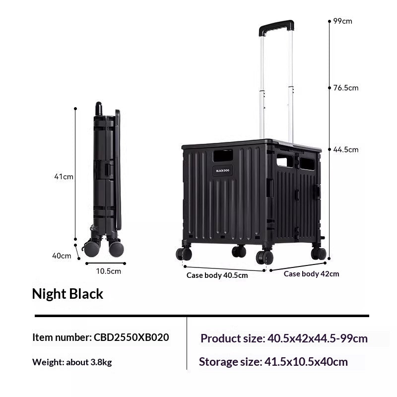 BLACKDOG Black Folding Trolley Portable Lightweight 30-50L Capacity Storage Box Cart With Wheels Pushing Cart Pull Rod Shopping Camping Equipment