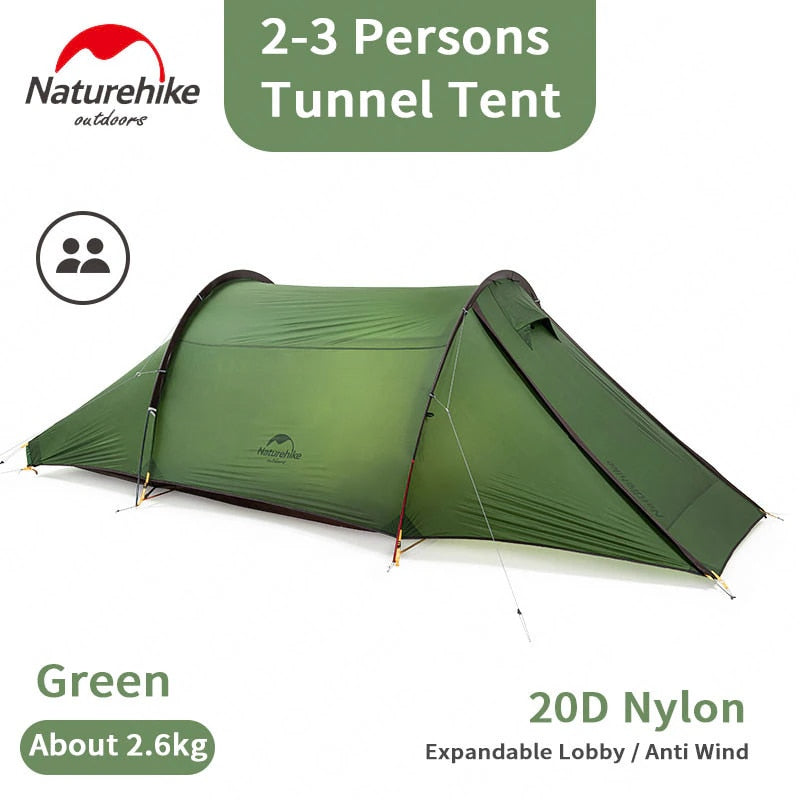 Naturehike CLOUD TUNNEL Camping Tent 2.6kg Ultralight 2 Person 210T 20D Silicone Outdoor Waterproof Windproof Hiking Backpacking Tent with Floor Mat