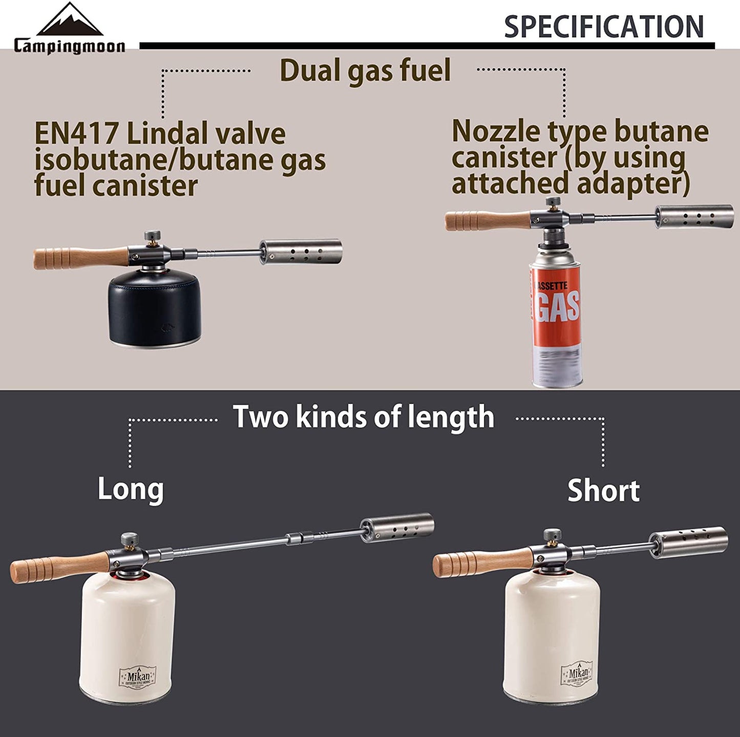 CAMPINGMOON MT-3955 Long Barrel Flame Blow Torch 43000 BTU High Fire Power for Nozzle Screw Type Camping Butane Fuel Outdoor Camping Charcoal Wood Grill Moon MT 3955 MT3955