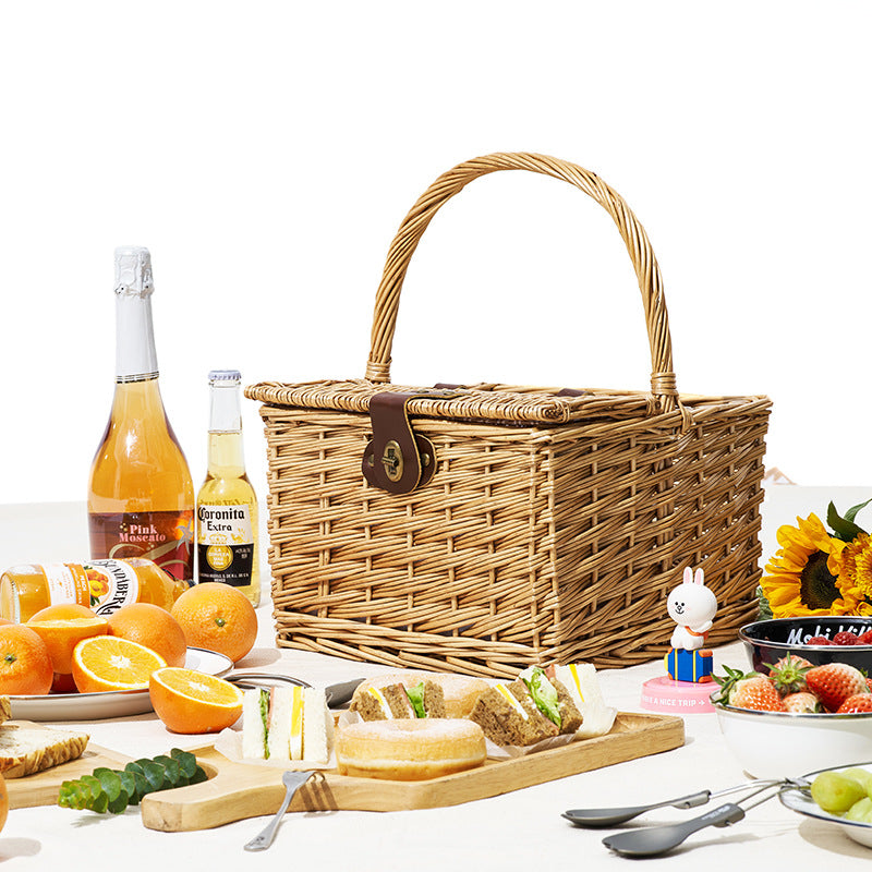 Mobi Garden 15L Woven Picnic Basket Portable Lightweight Wicker Storage Box Outdoor Camping Rattan Food Carrying Container Organizer With Lid Cover MobiGarden