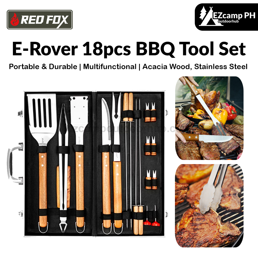 Redfox E-Rover 18pcs BBQ Tool Set Multifunctional Barbecue Grill Utensil Spatula Tong Clip Skewer Knife With Elegant Case Outdoor Camping Cooking Accessories