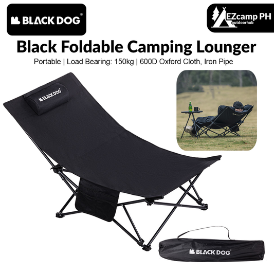 BLACKDOG Black Foldable Camping Lounger Portable Leisure Chair and Bed 2 in 1 Reclining Removable Headrest Pillow Folding Office Nap Bed Home Balcony Chair Outdoor Hiking Beach Picnic Travel Heavy Duty Original Black Dog