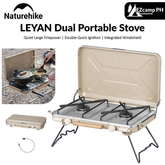 Naturehike LEYAN Double Head Portable Stove Outdoor Camping Kitchen 2 Burner Dual Ignition Butane Gas Burner Windshield Stand 2.5kw Firepower Furnace Canister Fuel Cooking Equipment Folding Storage Nature Hike
