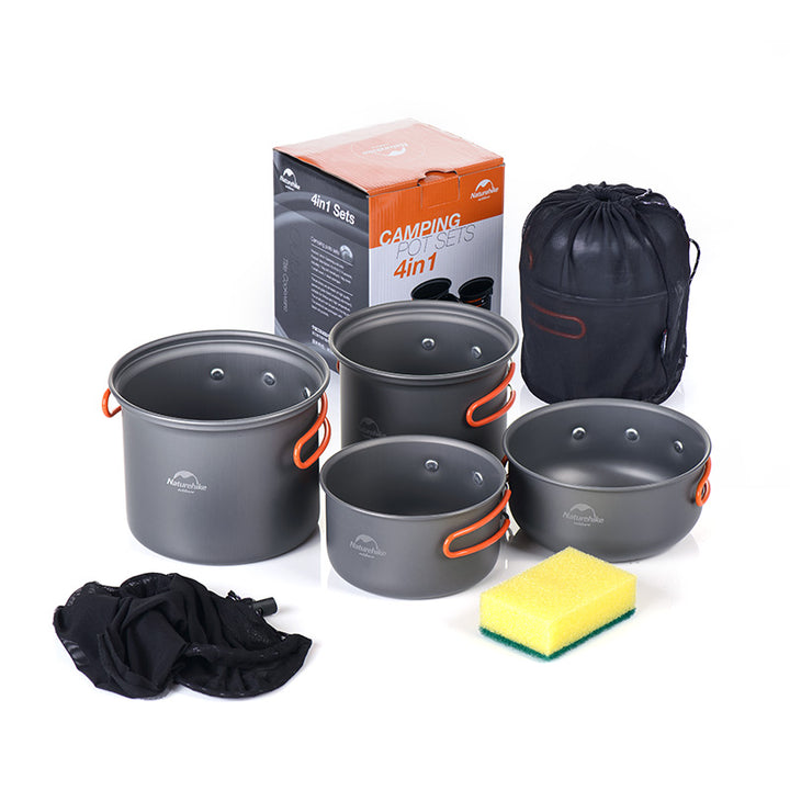 Naturehike 4 in 1 Portable Outdoor Camping Cookware Pot Pan Set Camp Picnic Aluminum Alloy Cooking Ware Tableware and Utensils Kit Ultralight Cook Kaldero Nature Hike