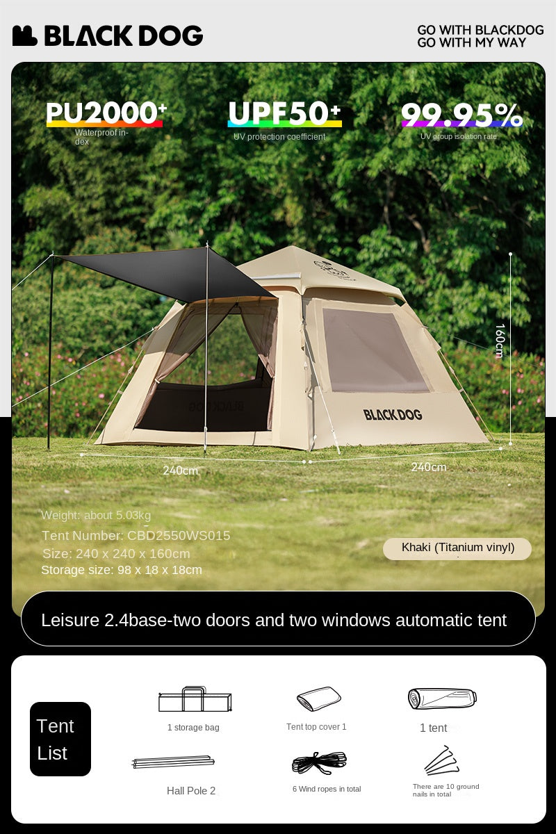 Blackdog LEISURE 2.1 / 2.4 Base Automatic Tent 2-4 Persons Quick Open Picnic Tent 2 Door Window Design Waterproof Camping Sunshade Silver Coated
