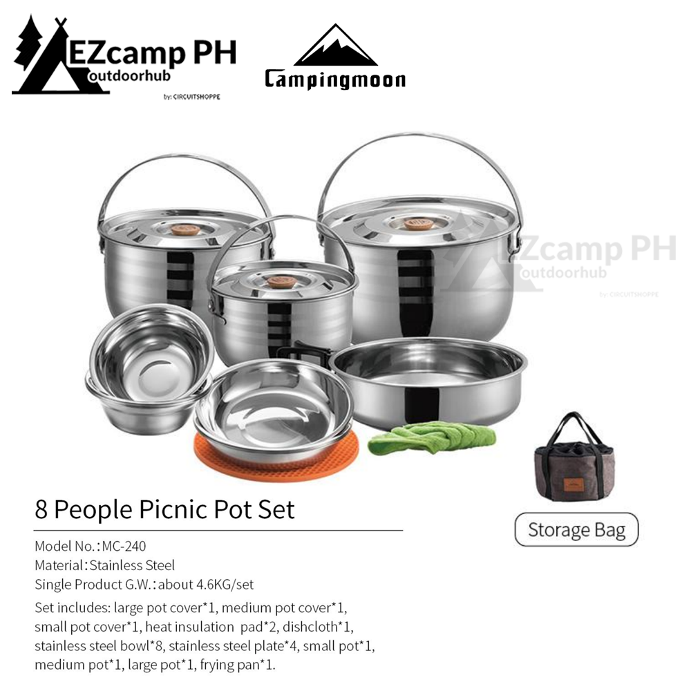 CAMPINGMOON Stainless Steel Camping Pot Set for up to 6 and 8 Person Portable Ultralight Home and Outdoor Picnic Large Cookware Pan Cooking Equipment