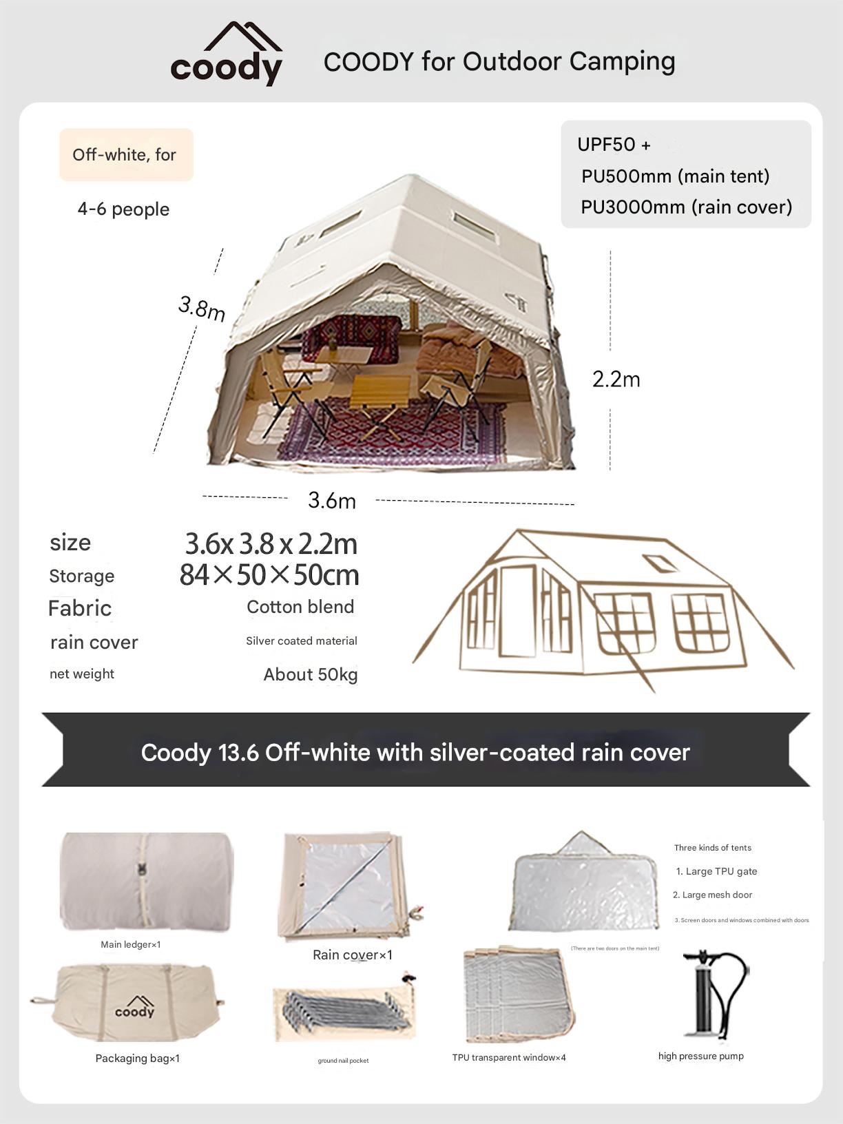 Coody FAMILIA AIR 17.2 Premium Cabin Inflatable Tent 6-8 Persons Extra Large 17.2m² Interior Space Waterproof Blended Cotton Black Vinyl Coated