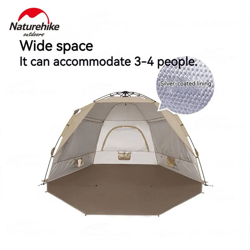 Naturehike Fast Automatic Beach Tent Silver Coated Sunscreen Shade for 3-4 Person Canopy Awning Tarp Waterproof Sunshade Outdoor Camping Panoramic View Breathable Quick Open Nature Hike