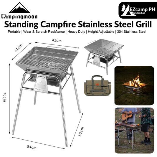 CAMPINGMOON MT-5 Series Portable Folding Standing Campfire Stainless Steel Grill Charcoal Fire Wood Burner Fire Pit Bonfire Firewood Rack Outdoor Camping Travel Picnic Heavy Duty Original Camping Moon