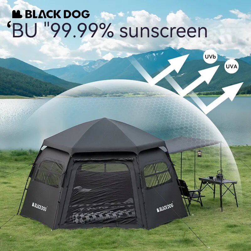 BLACKDOG by Naturehike Hexagonal Fast Automatic Tent Outdoor Camping Waterproof Large 12.5m² for 4-6 Person Blackout Sunscreen Waterproof PU3000 3 Side Awning Vinyl Coated Hexagon Auto Tent Nature Hike Black Dog