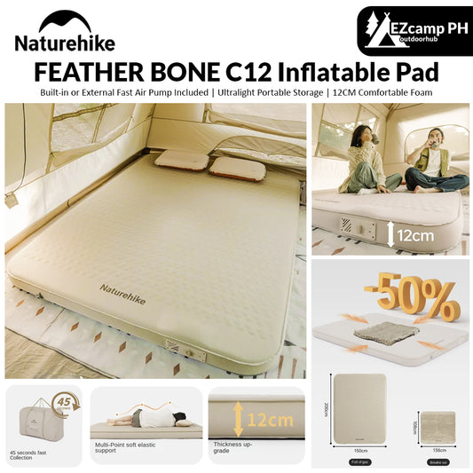 Naturehike FEATHER BONE C12 Inflatable Sleeping Pad 12cm Thick Comfortable Cushion Foam Queen Size Outdoor Camping Mattress Bed Mat Ultralight Portable Storage Built-in or External High-Power Air Inflate Deflate Pump Nature Hike