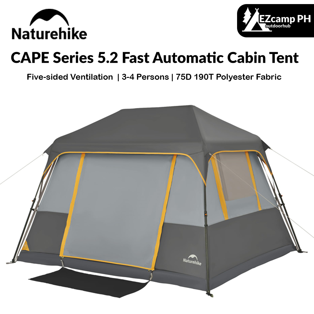 Naturehike CAPE Series 5.2 Fast Automatic Cabin Tent for up to 4 Person Outdoor Camping Quick Build Pop up Instant Tent Large 5.2m² Interior Space