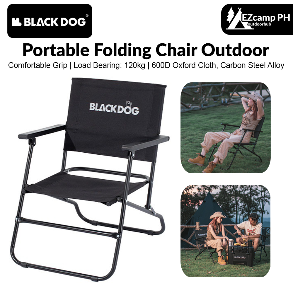 BLACKDOG Portable Black Folding Chair 3.7kg Durable 120kg Max Load Anti-skid Iron Pipe Support Kermit Foldable Chair With Armrest And Backrest Outdoor Hiking Beach Picnic Travel Camping  Heavy Duty Black Dog