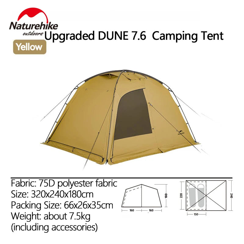 Naturehike Upgraded DUNE 7.6 Ultralight Hiking Car Camping Tent for 2 to 4 Person Portable 2 Room Large 7.6m² Space Outdoor Shelter 4 Season Double Layer Windproof Waterproof Breathable 7 Series Aluminum Pole Nature Hike