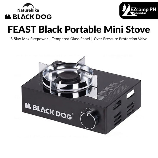 BLACKDOG FEAST Black Portable Mini High Power Butane Gas Stove 3.5kw Max Firepower Tempered Glass Panel Canister Outdoor Camping Cooking Cassette Burner Black Dog