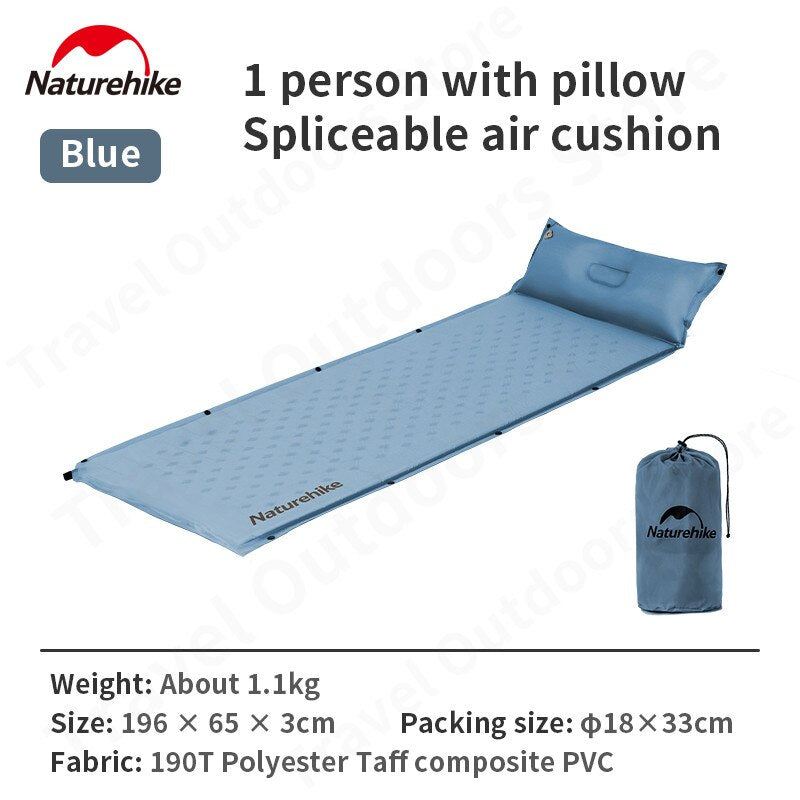 Naturehike SINGLE | DOUBLE Spliced Air Inflate Sleeping Mat Pad with Inflatable Pillow 2.5/3cm Thick Outdoor Portable Camping Tent Bed Automatic Foam