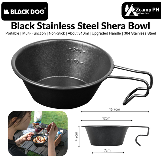 BLACKDOG Black Stainless Steel Shera Bowl With Non Stick Coating Portable 310ml Tableware Cookware Salad Dish Outdoor Camping Hiking Travel Cooking Hanging Picnic Beach Hang Handle Design Tableware Cup Pot Heavy Duty Original Black Dog