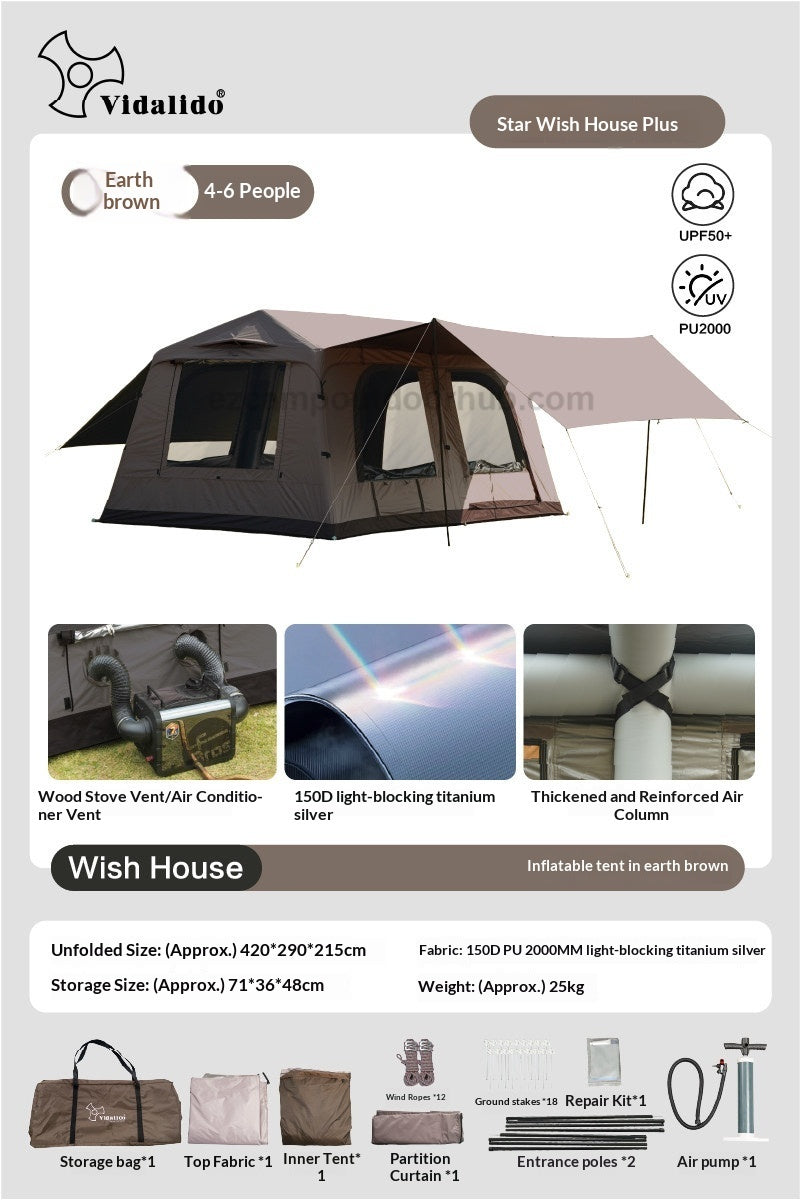 Vidalido WISH HOUSE PLUS 12 Air Inflatable Tent Fast Build 4-6 Persons Ti Silver Coated Sunscreen PVC Air Poles Full View Mesh 26m² Large Usable Space