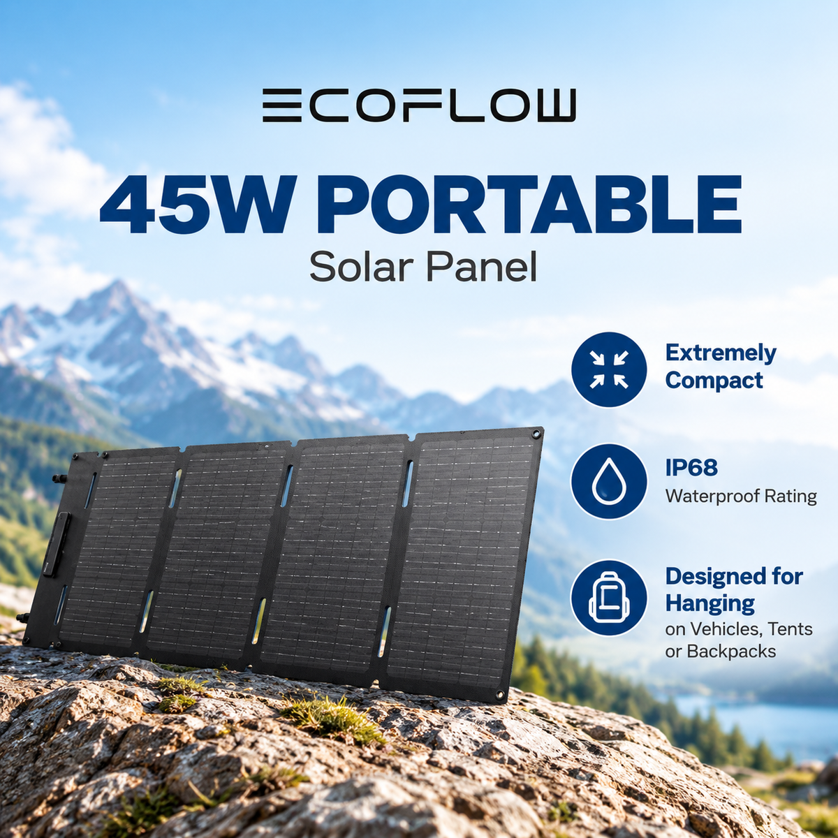 EcoFlow 45W Portable Solar Panel Foldable Lightweight Compact Hanging Design IP68 Waterproof Monocrystalline Silicon Direct Type-C Charging