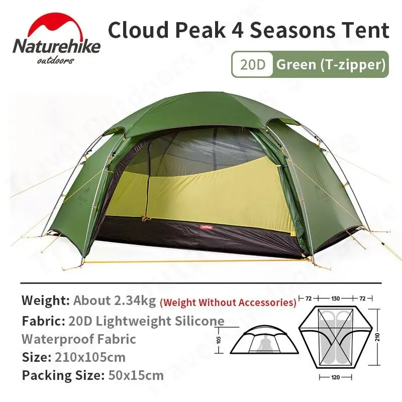 Naturehike CLOUD PEAK Ultralight Camping Tent for 1-2 Person Portable Waterproof 20D Silicone Outdoor Hiking Backpacking 4 Season Tent 7 Series Aluminum Alloy Pole Nature Hike