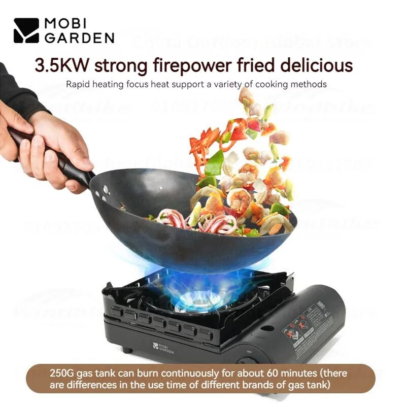 Mobi Garden MeiYan Large Butane Camping Stove Mini Portable Ultralight 3.5KW Firepower With Built-in Windshield Standard Gas Fuel Nozzle Type Canister Hiking Outdoor Cassette Style Travel Cooking Burner With Storage Box Case Black Original Mobigarden