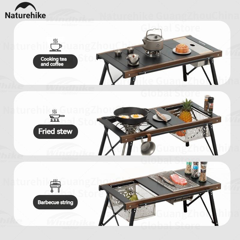 Naturehike IGT Aluminum Alloy Folding Table Camping Outdoor Multifunctional Portable Lightweight Quick-Open Table Removable BBQ Grill Wood Picnic Fishing Hiking Travel Heavy Duty Original Nature Hike