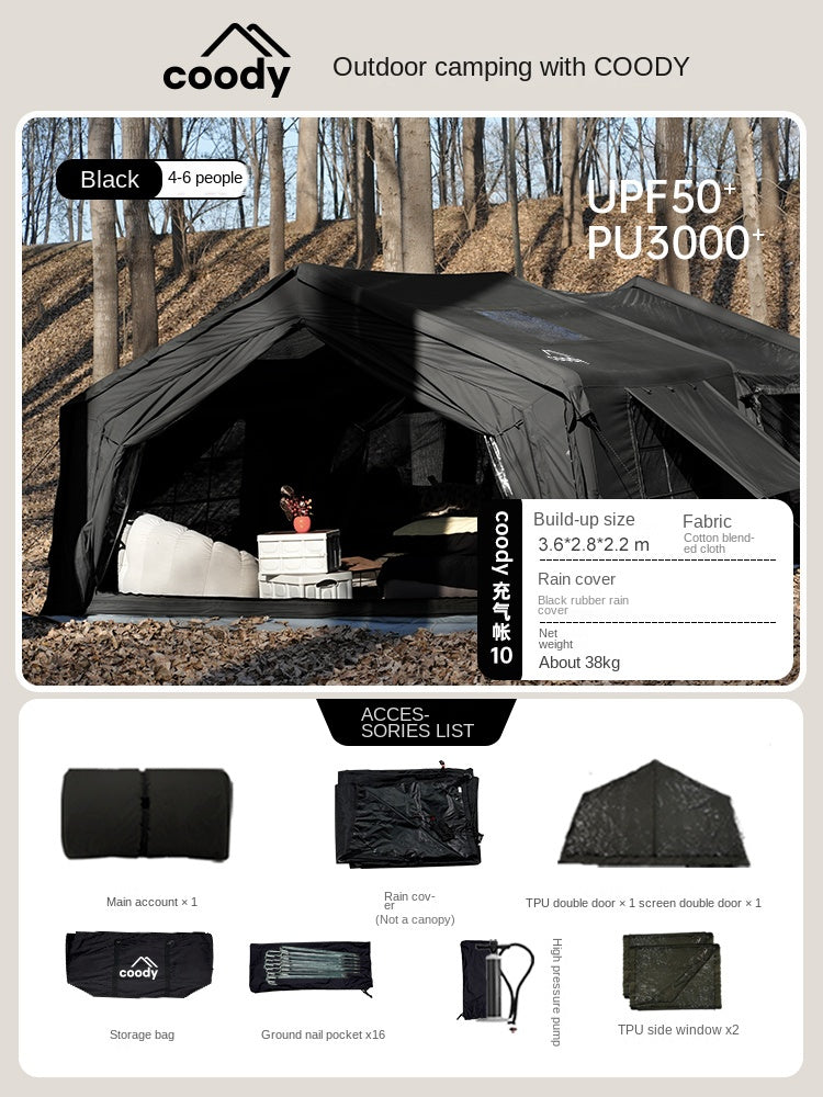 Coody AIR Cabin 10.0 Premium 4-6 Persons Inflatable Tent Blended Cotton PVC Air Pole Black Vinyl Coated Rain Cover Sunscreen 4 Season Rainproof Ridge Tent
