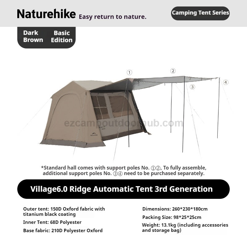 Naturehike VILLAGE 6.0 Gen 3 BASE / FLAGSHIP 4-5 Persons Fast Automatic Cabin Ridge Tent Multiple Setups 15.5m² Space Ti Black Sunscreen Outdoor