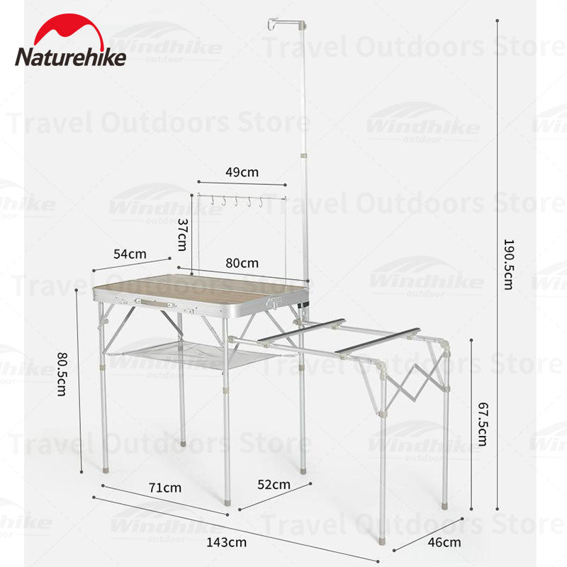 Naturehike MDF Kitchen Working Table Portable Ultralight Suitcase Storage Folding Mobile Kitchen Outdoor Camping Cooking Table Aluminum with Lamp Pole