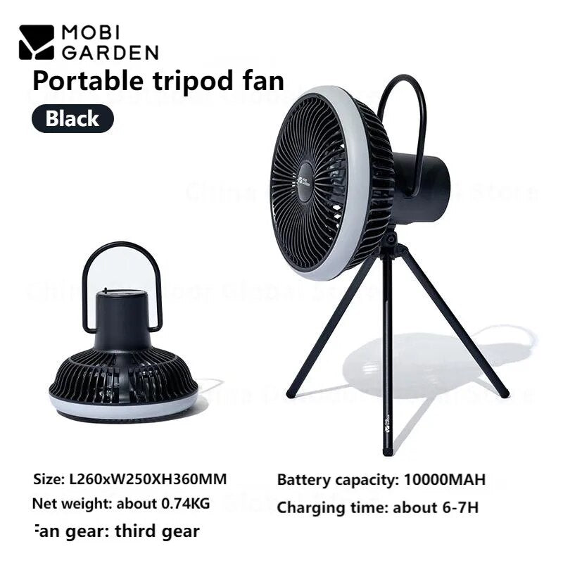 Mobi Garden BREEZE Portable Fan F2 Tripod Hanging Eletric Fan LED Lamp 10000mAh Battery Capacity up to 28H USB C Charging Outdoor Camping Stand Ultralight Desk Fan Rechargeable Heavy Duty Strong Wind Mobigarden Black Khaki xiaofeng