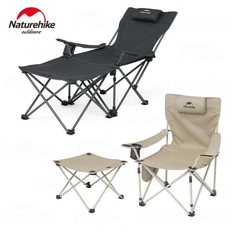 Naturehike 2 in 1 Reclining Foldable Camping Chair With Backrest And Armrests Folding Lying Multi-Functional Recliner Stool Seat Table 120KG Max Load