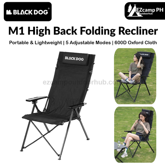 BLACKDOG M1 High Back Folding Recliner Portable Camping Chair Wood Armrest 5 Level Adjustable Modes Load Bearing 120kg Fishing Picnic Beach Furniture