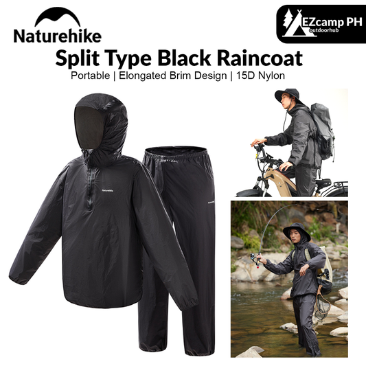 Naturehike Split Type Black Raincoat Portable Ultralight Multifunctional Folding Adult Unisex Jacket For Cycling Fishing Mountaineering Camping Outdoor Hiking Original Nature Hike