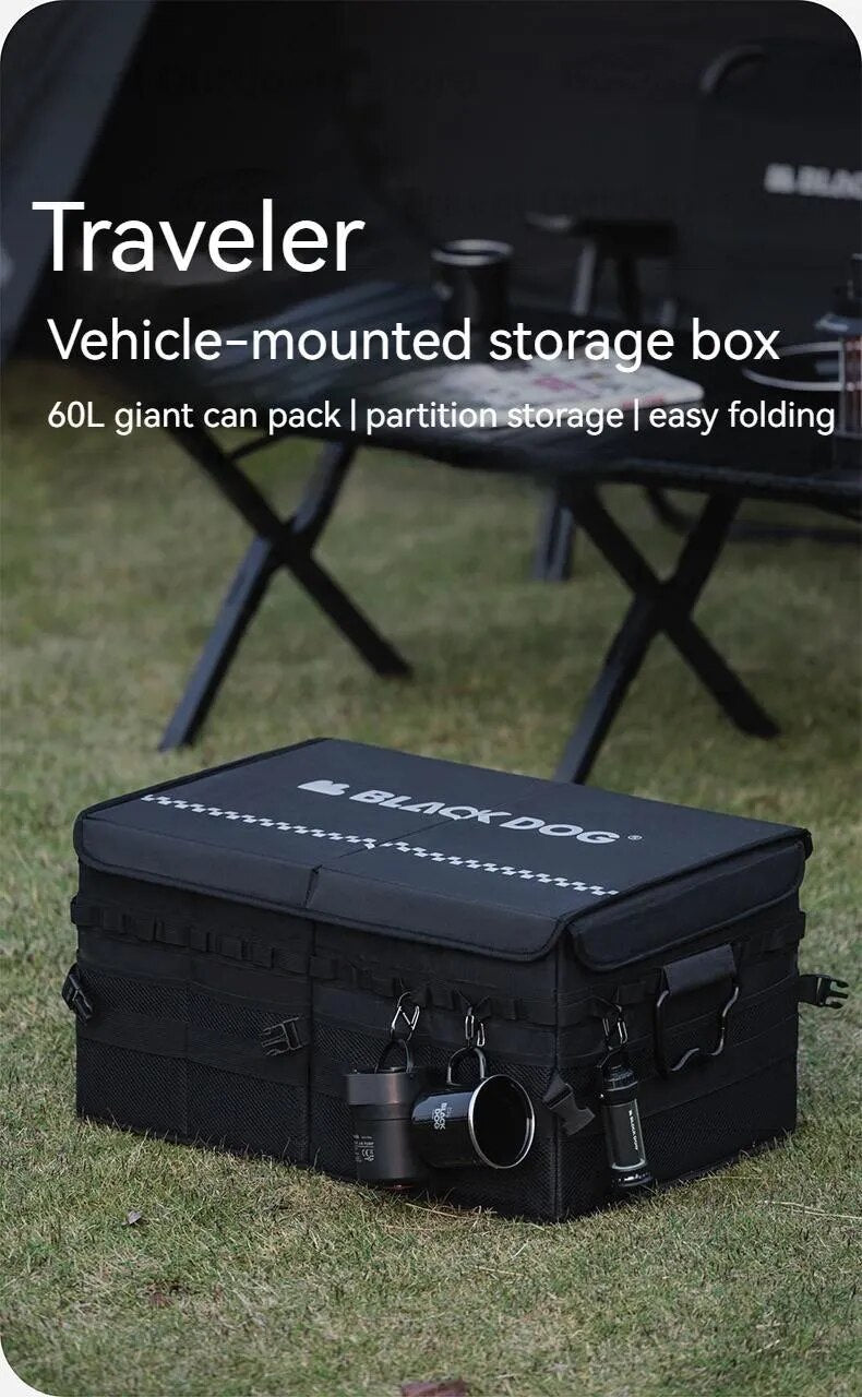 BLACKDOG Black Tactical Camping Equipment Storage Bag Free Partition Extra Large 60L up to 40kg Max Load Waterproof Portable Folding Outdoor Travel Vehicle Mounted Black Dog