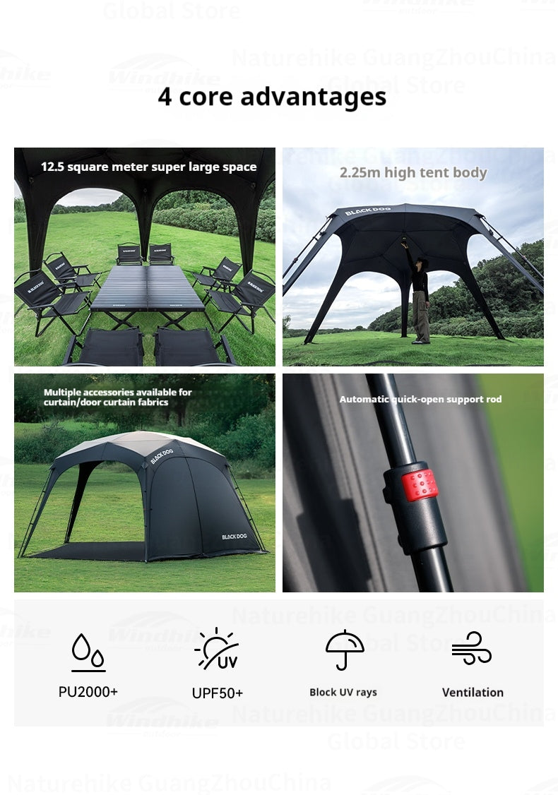 Blackdog STARRY DOME Pentagonal Canopy Zipper Version Modular Automatic Quick Open Sunshade Self-Supporting Canopy Outdoor Black Coated Vinyl