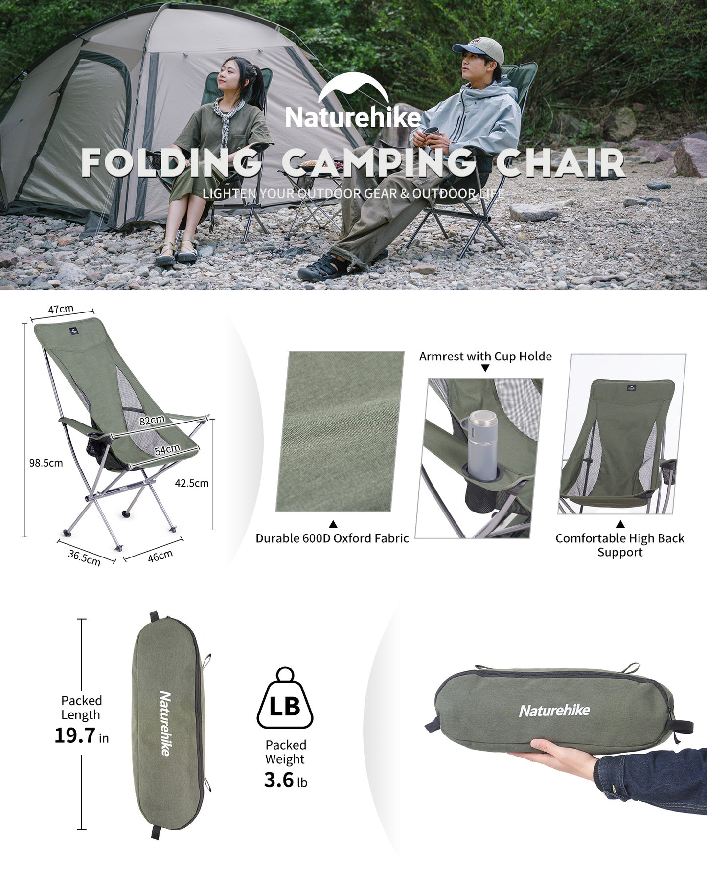 Naturehike YL06 Plus Folding Chair Ultralight Portable Leisure High Back Armchair Durable Comfort Camping Travel Aluminum Chairs 600D Oxford Cloth