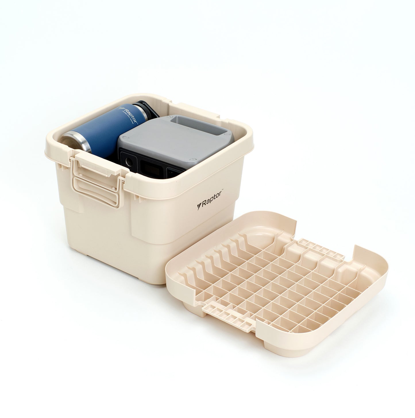 Raptor ROVER Series Storage Rig Box Multipurpose Organizer 30L 50L 70L Large Capacity Reinforced Grid Lid Stackable & Nesting Design Wood Tabletop