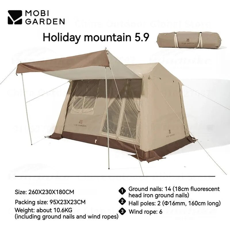 Mobi Garden HOLIDAY MOUNTAIN RESIDENCE 5.9 Fast Build Automatic Cabin Style Tent for 4 Person 6m² Large Space Waterproof 2 Door Built-in 2 Canopy Awning Panorama Windows Mesh Skylight Camping Glamping Quick Open Mobigarden village 6.0 ridge hut