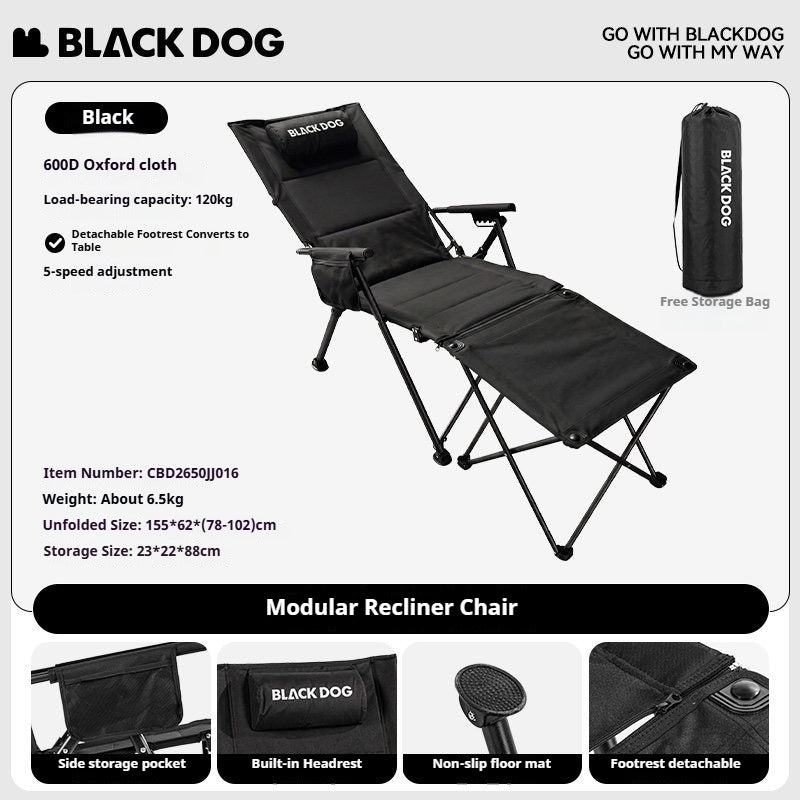 BLACKDOG Modular Recliner Chair Black Portable Lightweight 5-Level Adjustable With Side Table And Footrest Spacious Seat Outdoor Camping Travel