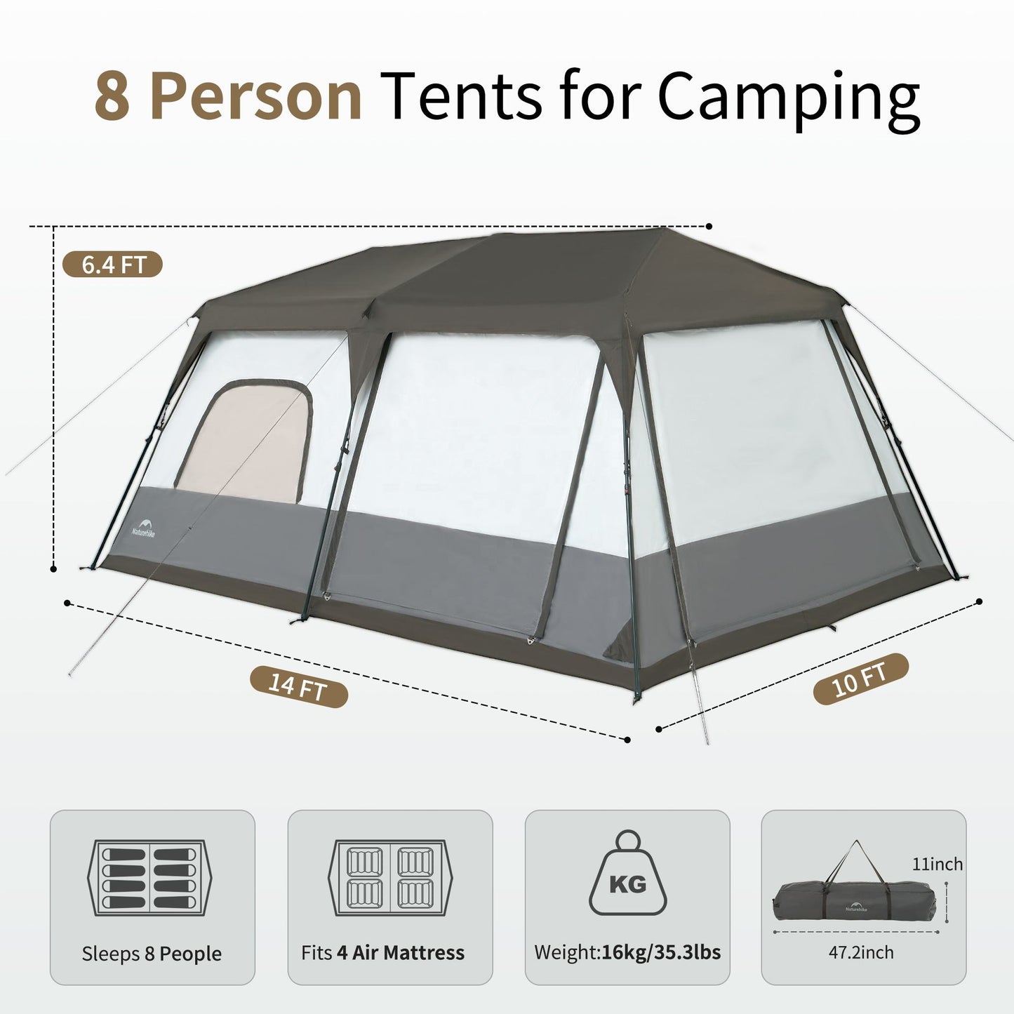 Naturehike CAPE 12.9 Fast Automatic Tent Large Space Cabin Style 2 Bedroom Tent for up to 6-8 Person Outdoor Camping Waterproof Windproof 60s Quick Build Auto Poles Nature Hike village 13 13m²