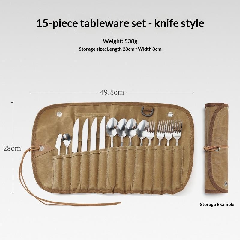 Portable Camping Cutlery Set 12/15PCS Bamboo Handle Spoon Fork Knife Chopsticks with Canvas Storage Organizer Outdoor Picnic Tableware