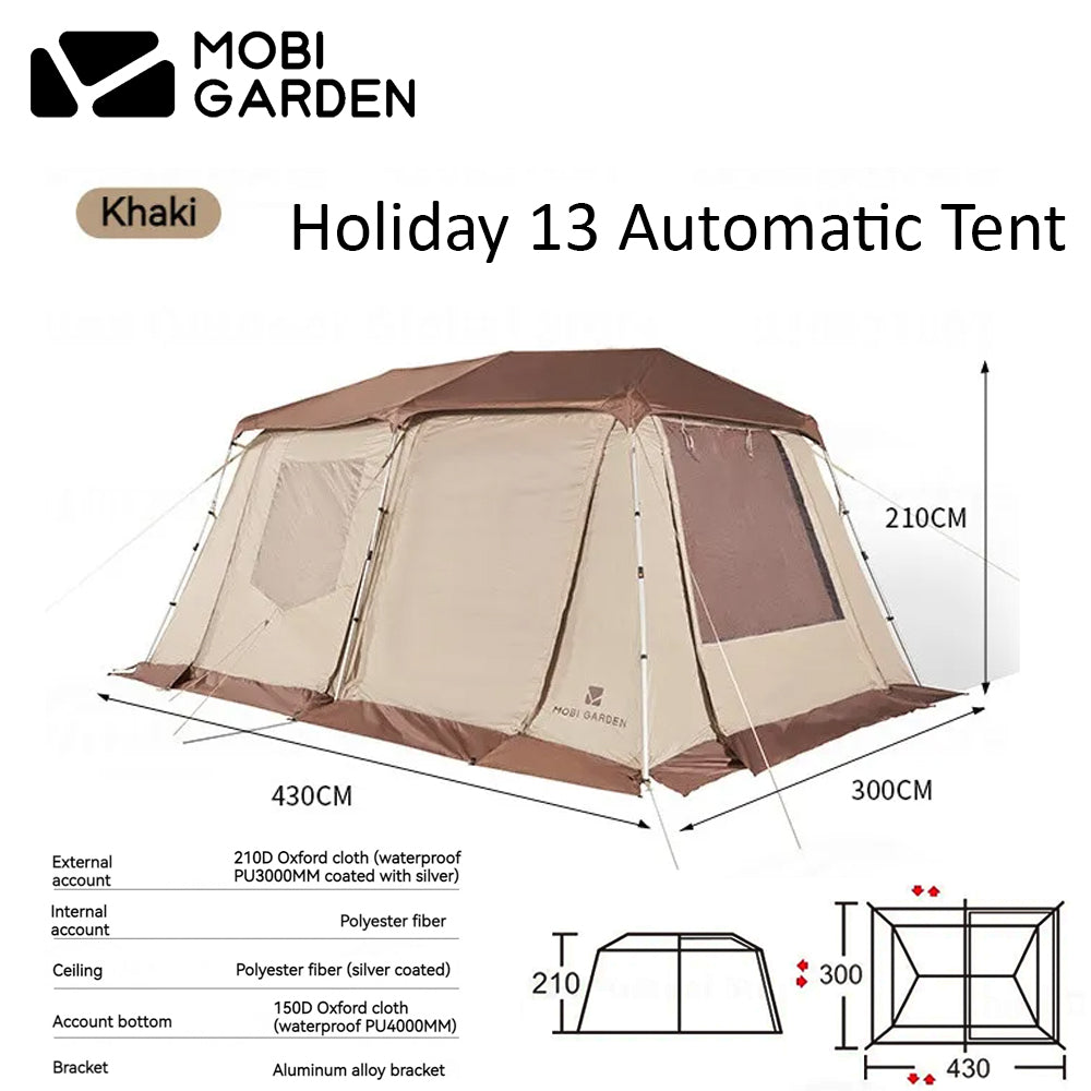 Mobi Garden HOLIDAY MOUNTAIN RESIDENCE 13 Fast Automatic Cabin Style Tent for 6 to 8 Person Large 13m² Space Quick Build 2 Rooms 4 Doors 6 Windows