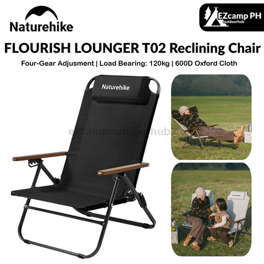 Naturehike FLOURISH LOUNGER T02 Reclining Chair Portable Foldable Lightweight Four Gear Adjustable Folding Recliner Tall Backrest Load Bearing Up To 120kg