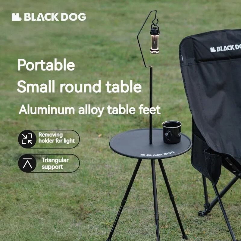 BLACKDOG by Naturehike Black Round Table Portable Aluminum Alloy Tea Coffee Table with Lamp Light Pole Post Stand Holder Portable Ultralight Adjustable Height Outdoor Camping Picnic Side Table Black Dog Nature Hike