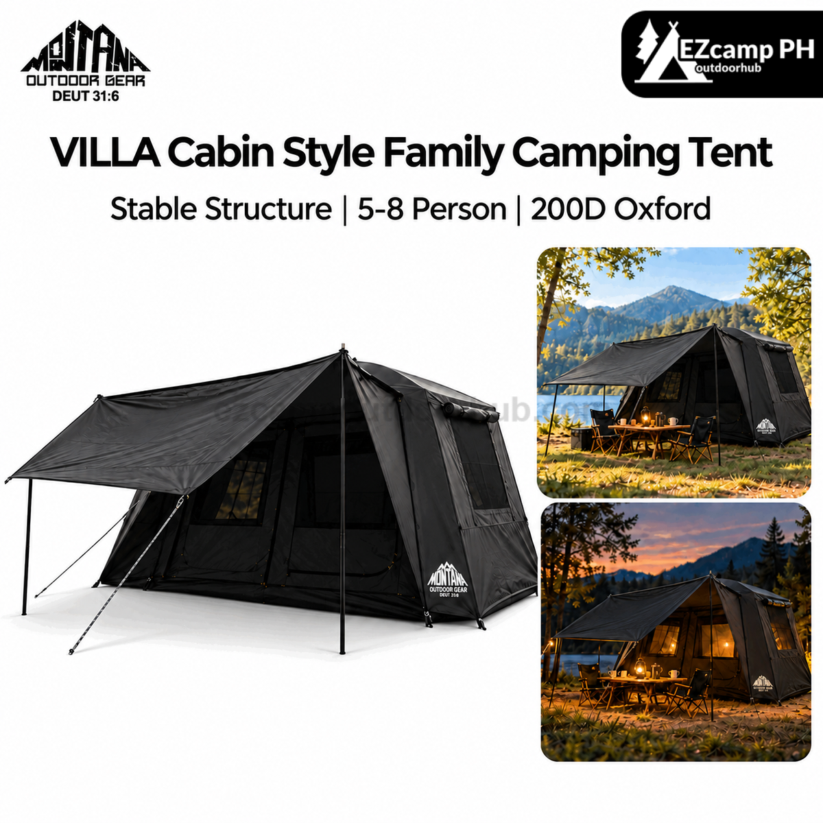 Montana VILLA Cabin Style Family Camping Tent Large Medium 5-8 Person Waterproof Manual Silver Coat