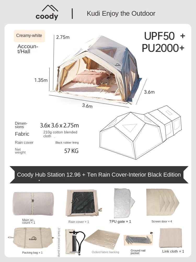 Coody HUB Shelter 13 Air Inflatable Outdoor Camping Tent 4-6 Persons Main Hub Modular Station Air Tents Waterproof Black Vinyl Coated Sunscreen Rain Cover