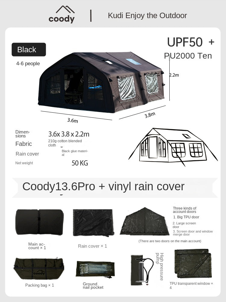 Coody AIR 13.6 Premium Cabin Inflatable Air Tent 6-8 Persons Outdoor Camping 13.6m² Interior Space Waterproof Black Vinyl Coated Sunscreen Rain Cover