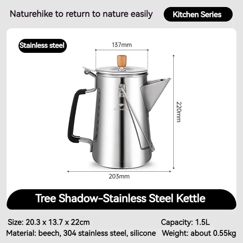 Naturehike TREE SHADOW 304 Stainless Steel 1.5L Kettle Boiling Water Tea Coffee Pot Camping Outdoor Picnic Hanging Teapot Food Grade Cookware Utensil Nature Hike