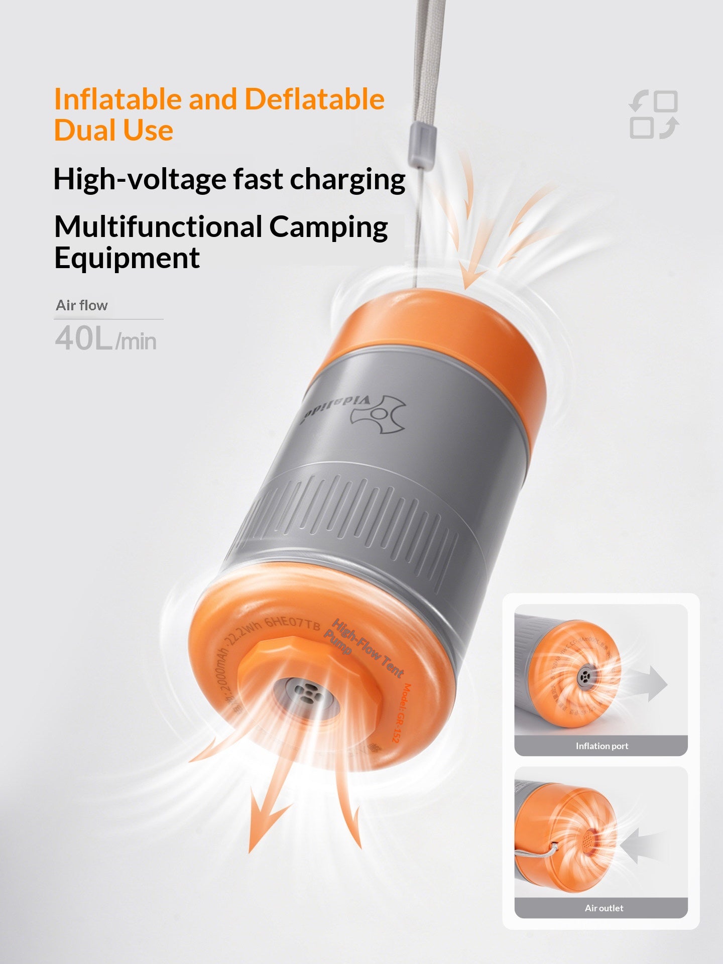 Vidalido High Flow Air Tent Pump Portable High Pressure Wireless USB Charging 10Psi Max Inflate Deflate Pillow Bed And Other Camping Equipments