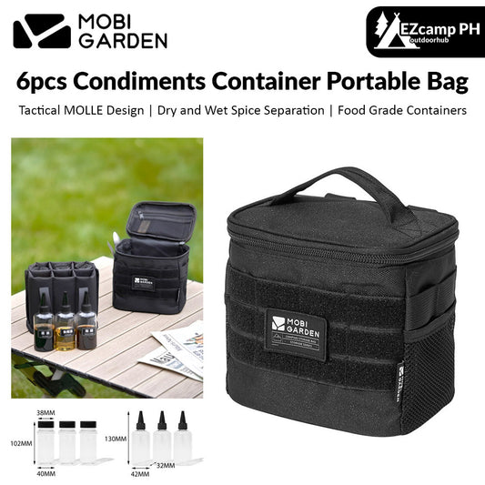 Mobi Garden 6pcs Set Spice Condiments Portable Storage Bag MOLLE Black Tactical Design Kitchen Cooking Sauce Seasoning Bottle Organizer Outdoor Camping Picnic Jar Canister Utensil Mobigarden